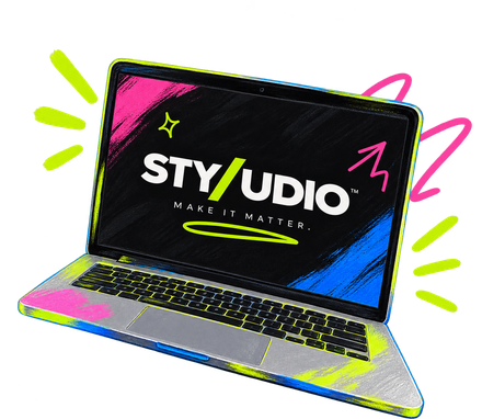 A laptop showing the STY/UDIO mark